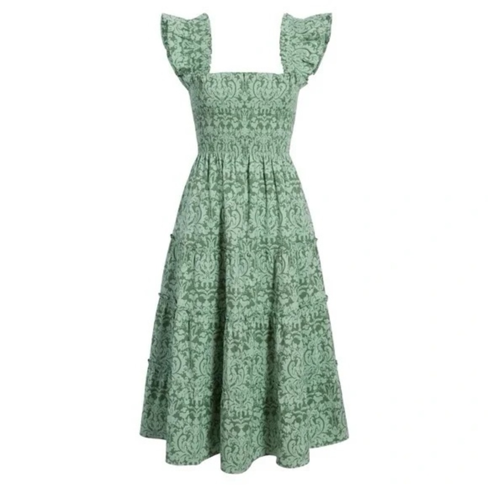 HILL HOUSE Ellie Nap Dress in Green Jacquard SIZE SMALL